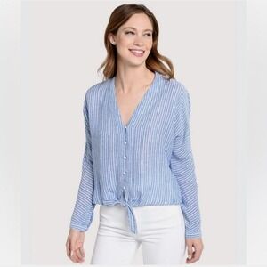 Rails Sloane Azure Stripe Tie‎ Front Button Down Blouse Top Linen Blend Coastal